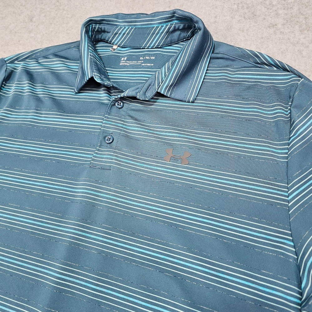 Under Armour HeatGear Mens XL Polo Shirt Teal Blue Striped Golf Lightweight‎